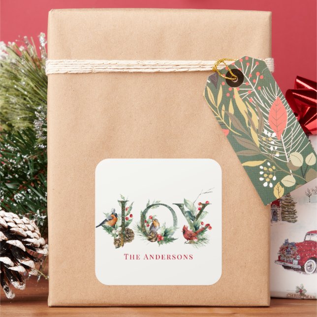 JOY Pine Cone Red Berry Birds Christmas Holiday Square Sticker (Holiday)