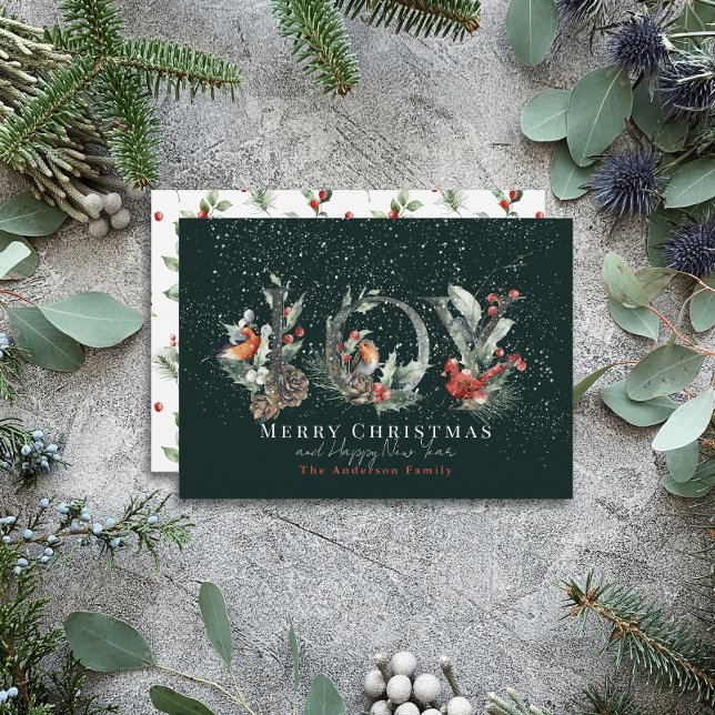 JOY Pine Cone Red Berry Birds Green Christmas Holiday Card (Creator Uploaded)
