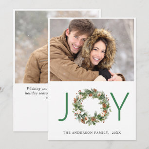 JOY Pine Cones Fir Wreath Christmas 2 PHOTO Holiday Card