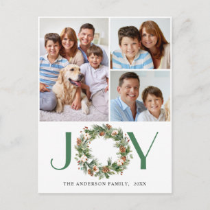 JOY Pine Cones Fir Wreath Christmas 3 PHOTO Holiday Postcard