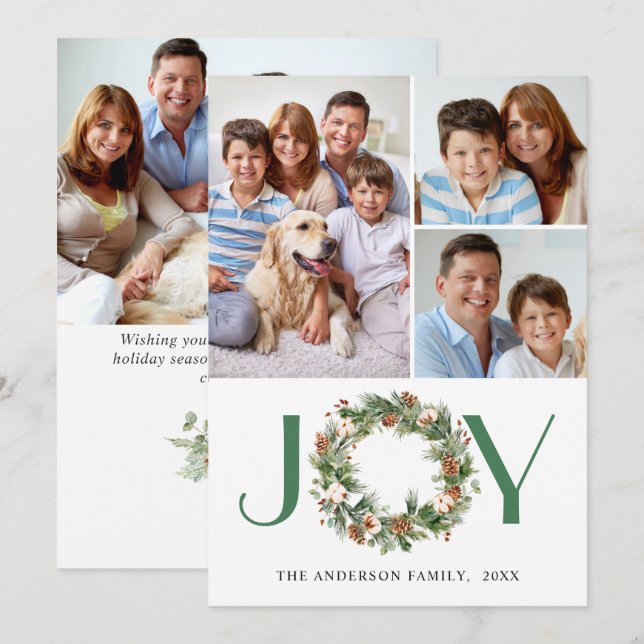 JOY Pine Cones Fir Wreath Christmas 4 PHOTO Holiday Card (Front/Back)