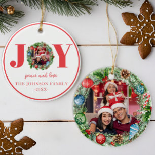 JOY Pine Wreath Christmas Photo Ornament