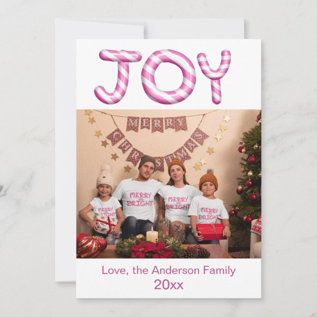 Joy Pink Candy Cane Holiday Photo Christmas Card (Front)