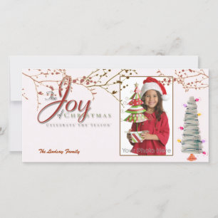 Joy pink christmas holiday photocard card