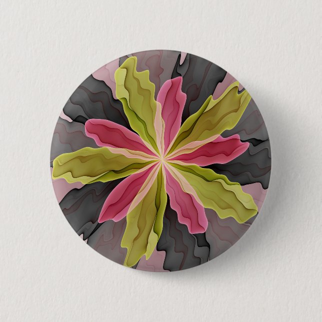 Joy, Pink Green Anthracite Fantasy Flower Fractal 2 Inch Round Button (Front)