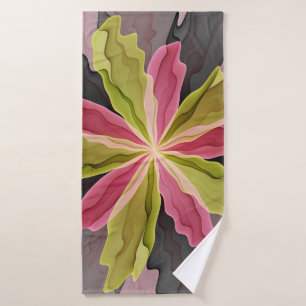 Joy, Pink Green Anthracite Fantasy Flower Fractal Bath Towel