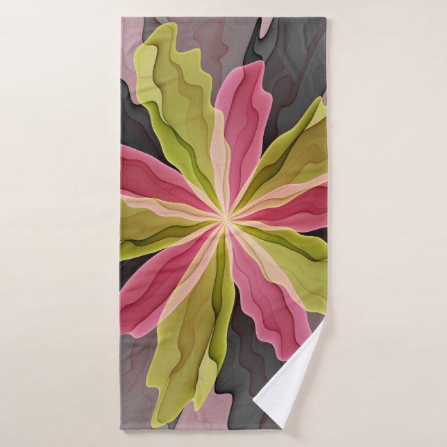 Joy, Pink Green Anthracite Fantasy Flower Fractal Bath Towel (Bath Towel)