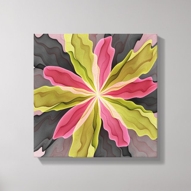 Joy, Pink Green Anthracite Fantasy Flower Fractal Canvas Print (Front)