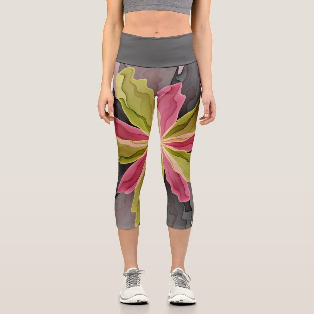 Joy, Pink Green Anthracite Fantasy Flower Fractal Capri Leggings (Front)