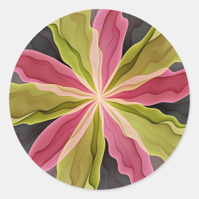 Joy, Pink Green Anthracite Fantasy Flower Fractal Classic Round Sticker (Front)
