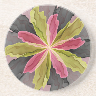 Joy, Pink Green Anthracite Fantasy Flower Fractal Coaster