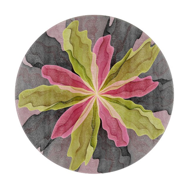 Joy, Pink Green Anthracite Fantasy Flower Fractal Cutting Board (Front)