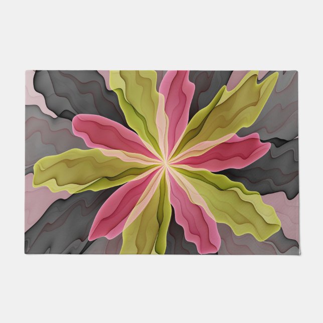 Joy, Pink Green Anthracite Fantasy Flower Fractal Doormat (Front)