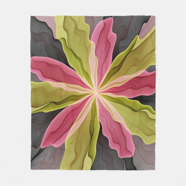Joy, Pink Green Anthracite Fantasy Flower Fractal Fleece Blanket (Front)