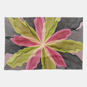 Joy, Pink Green Anthracite Fantasy Flower Fractal Kitchen Towel
