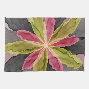 Joy, Pink Green Anthracite Fantasy Flower Fractal Kitchen Towel