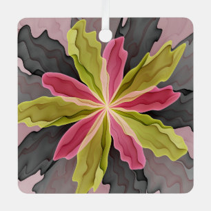Joy, Pink Green Anthracite Fantasy Flower Fractal Metal Ornament