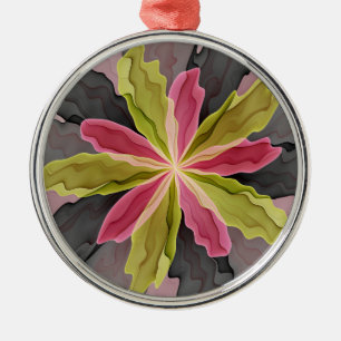 Joy, Pink Green Anthracite Fantasy Flower Fractal Metal Ornament