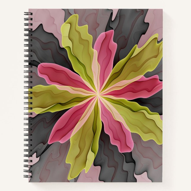 Joy, Pink Green Anthracite Fantasy Flower Fractal Notebook (Front)