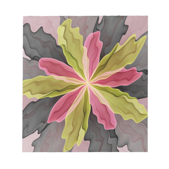 Joy, Pink Green Anthracite Fantasy Flower Fractal Notepad (Front)