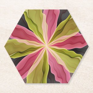Joy, Pink Green Anthracite Fantasy Flower Fractal Paper Coaster