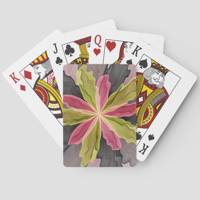 Joy, Pink Green Anthracite Fantasy Flower Fractal Playing Cards (Back)