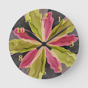 Joy, Pink Green Anthracite Fantasy Flower Fractal Round Clock