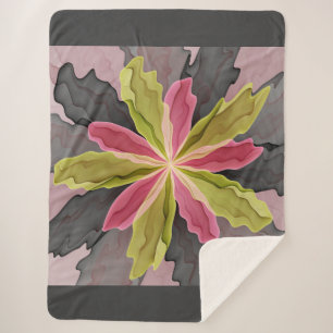 Joy, Pink Green Anthracite Fantasy Flower Fractal Sherpa Blanket