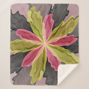Joy, Pink Green Anthracite Fantasy Flower Fractal Sherpa Blanket