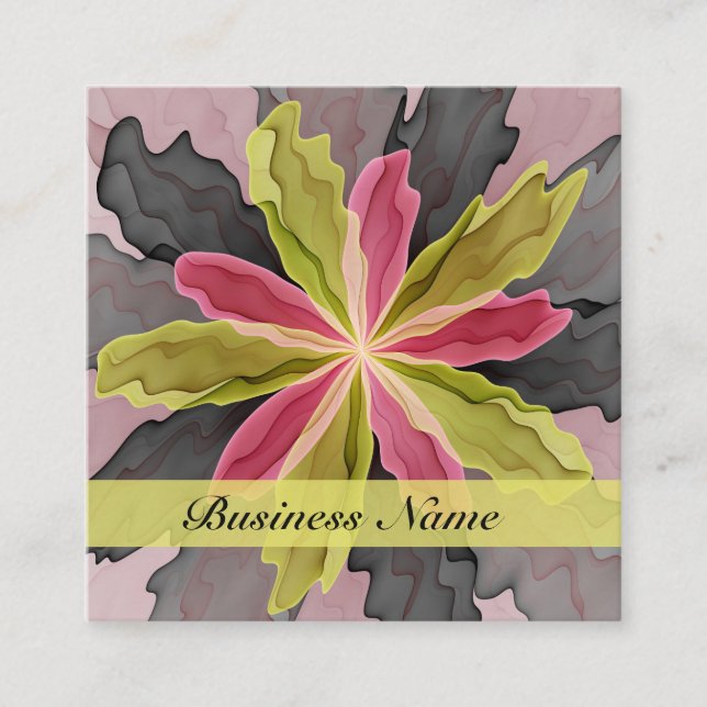Joy, Pink Green Anthracite Fantasy Flower Fractal Square Business Card (Front)