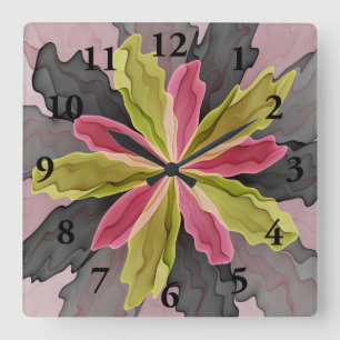 Joy, Pink Green Anthracite Fantasy Flower Fractal Square Wall Clock