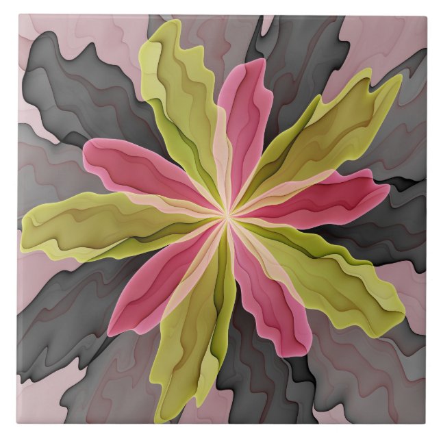 Joy, Pink Green Anthracite Fantasy Flower Fractal Tile (Front)