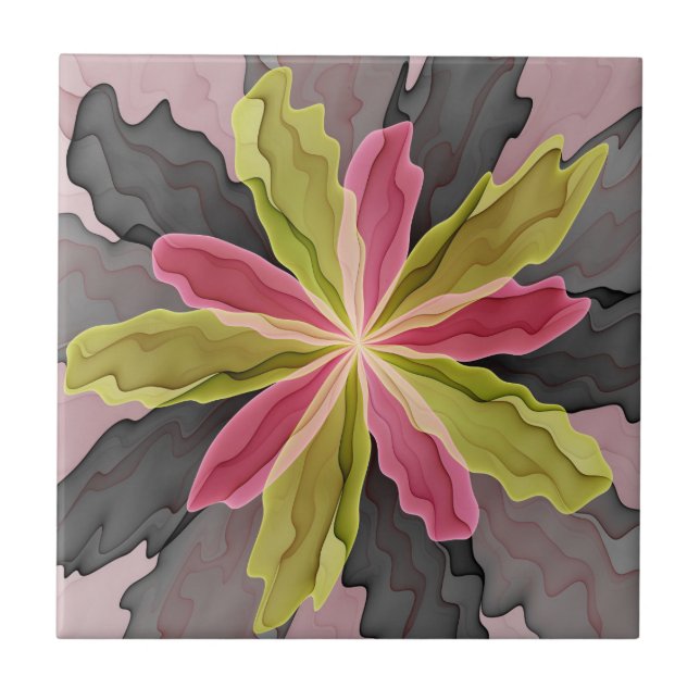 Joy, Pink Green Anthracite Fantasy Flower Fractal Tile (Front)