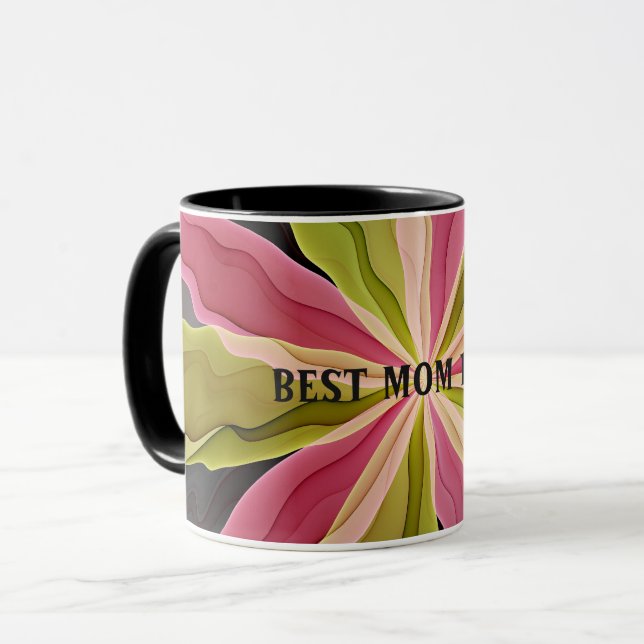 Joy, Pink Green Anthracite Flower Fractal Best Mom Mug (Front Left)