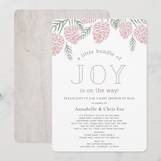 Joy Pink Pine Cone Baby Shower by Mail Invitation (Front/Back)