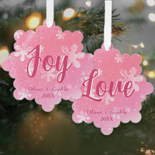 Joy Pink Snowflakes Christmas Holiday Ornament Card