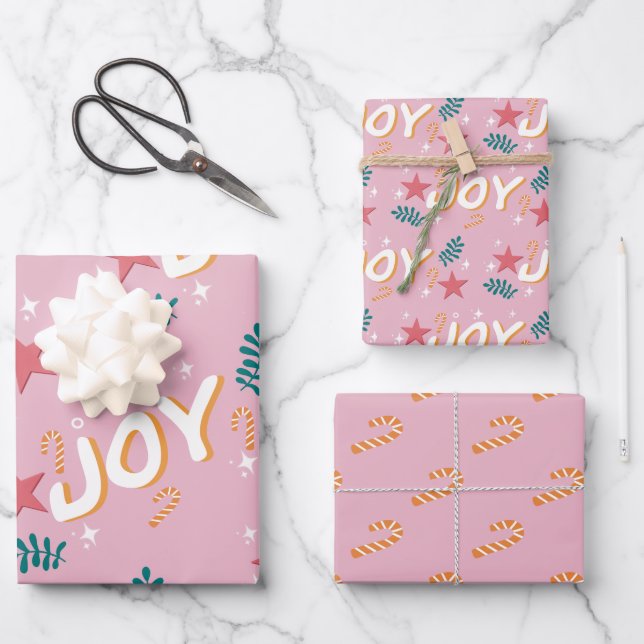 Joy pink trendy christmas candy canes stars floral wrapping paper sheet (Front)