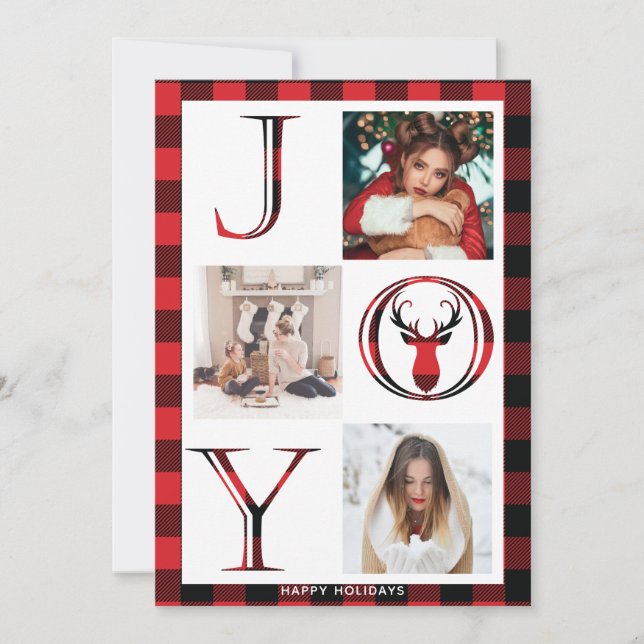 Joy Plaid 3 Photo Collage Holiday Card (Front)