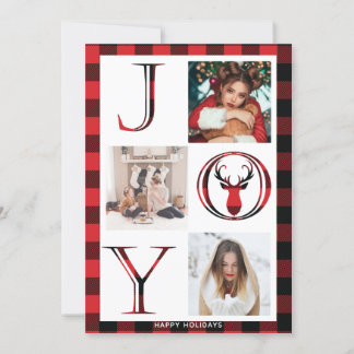 Joy Plaid 3 Photo Collage Holiday Card