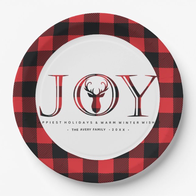 Joy Plaid Personalized Christmas Paper Plate (Front)