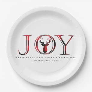 Joy Plaid Personalized Christmas Paper Plate