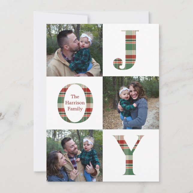 Joy Plaid Three Picture Holiday Card (Front)