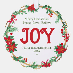 Joy Poinsettia Wreath Botanical Elegant Christmas Ornament Card