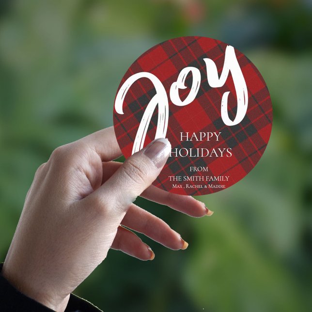  Joy Red Black Plaid Tartan Family Name Christmas Classic Round Sticker (Creator Uploaded)
