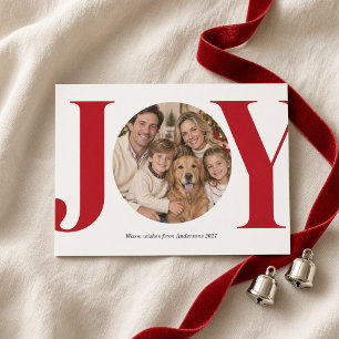 Joy Red Bold Serif Round Family Christmas Photo Holiday Card