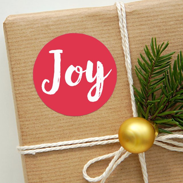 Joy Red Brushed Script Christmas Holiday Classic Round Sticker (Creator Uploaded)