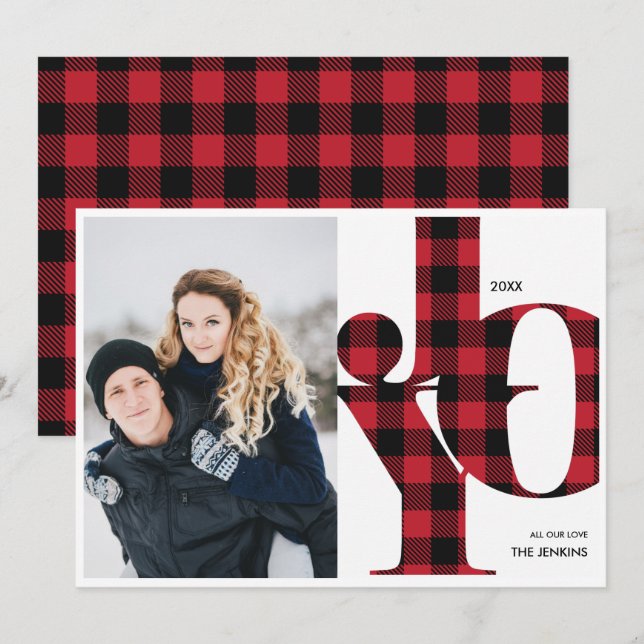 Joy | Red Buffalo Plaid Photo Holiday Invitation (Front/Back)