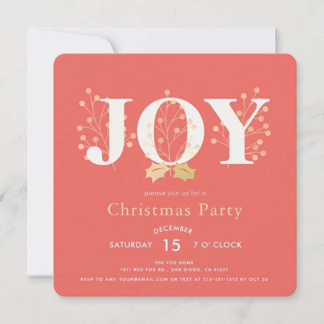JOY Red Christmas Holiday Party Invitation (Front)