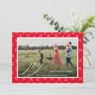 Joy Red Frame Berry Pattern Photo Christmas Holiday Card