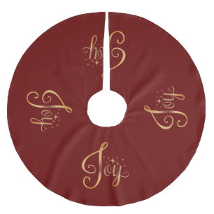 “Joy” Red Gold Script Elegant Holiday Seasonal Brushed Polyester Tree Skirt